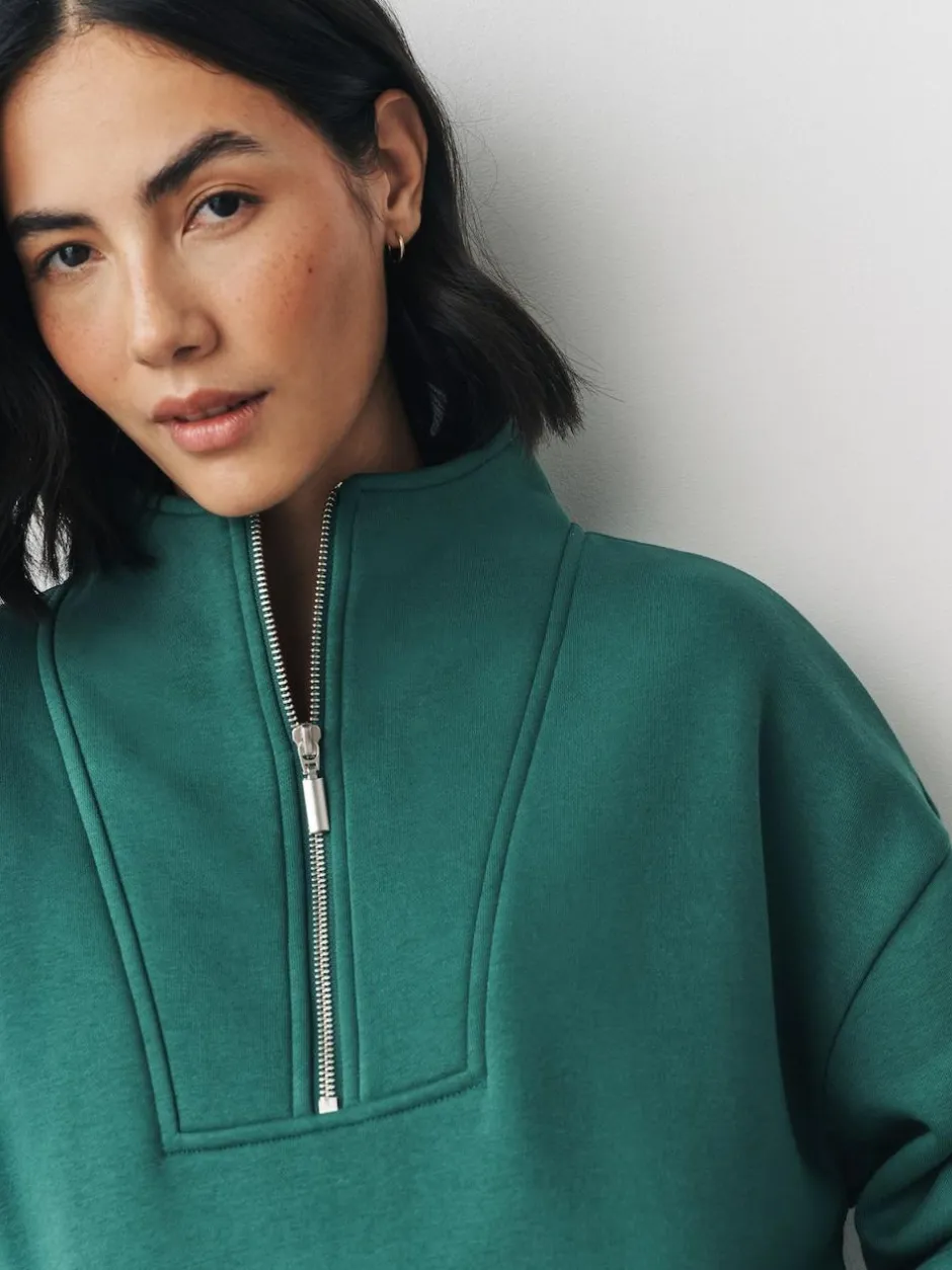Next Relaxed Fit Heavyweight Cotton Rich Jersey Zip Neck Sweatshirt Teal Blue Hot