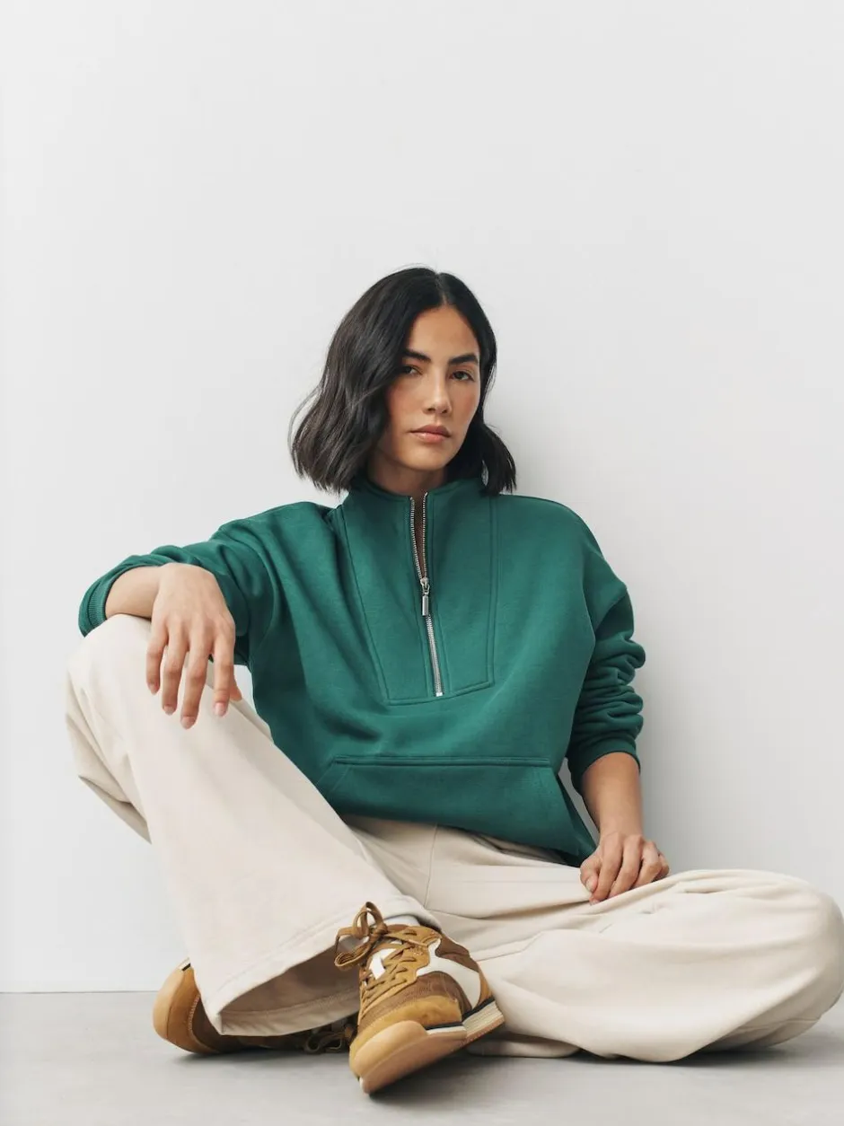 Next Relaxed Fit Heavyweight Cotton Rich Jersey Zip Neck Sweatshirt Teal Blue Hot