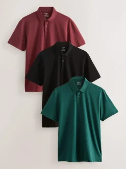 Next Teal Blue/Black/Rust Red Regular Fit Short Sleeve Jersey Polo Shirts 3 Pack Clearance