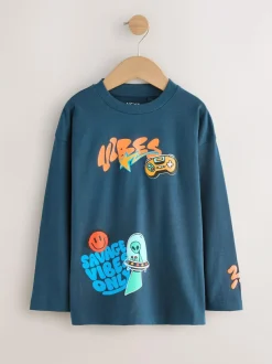 Next Teal/Blue/Grey Bright Graffiti Relaxed Fit Graphic Print Long Sleeve T-Shirts 3 Pack (3-16yrs) Clearance