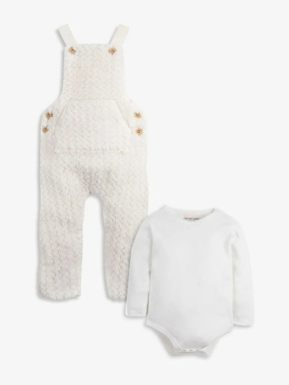 The Little Tailor Baby Chunky Sherpa Fleece Dungarees and Bodysuit Set Cream New
