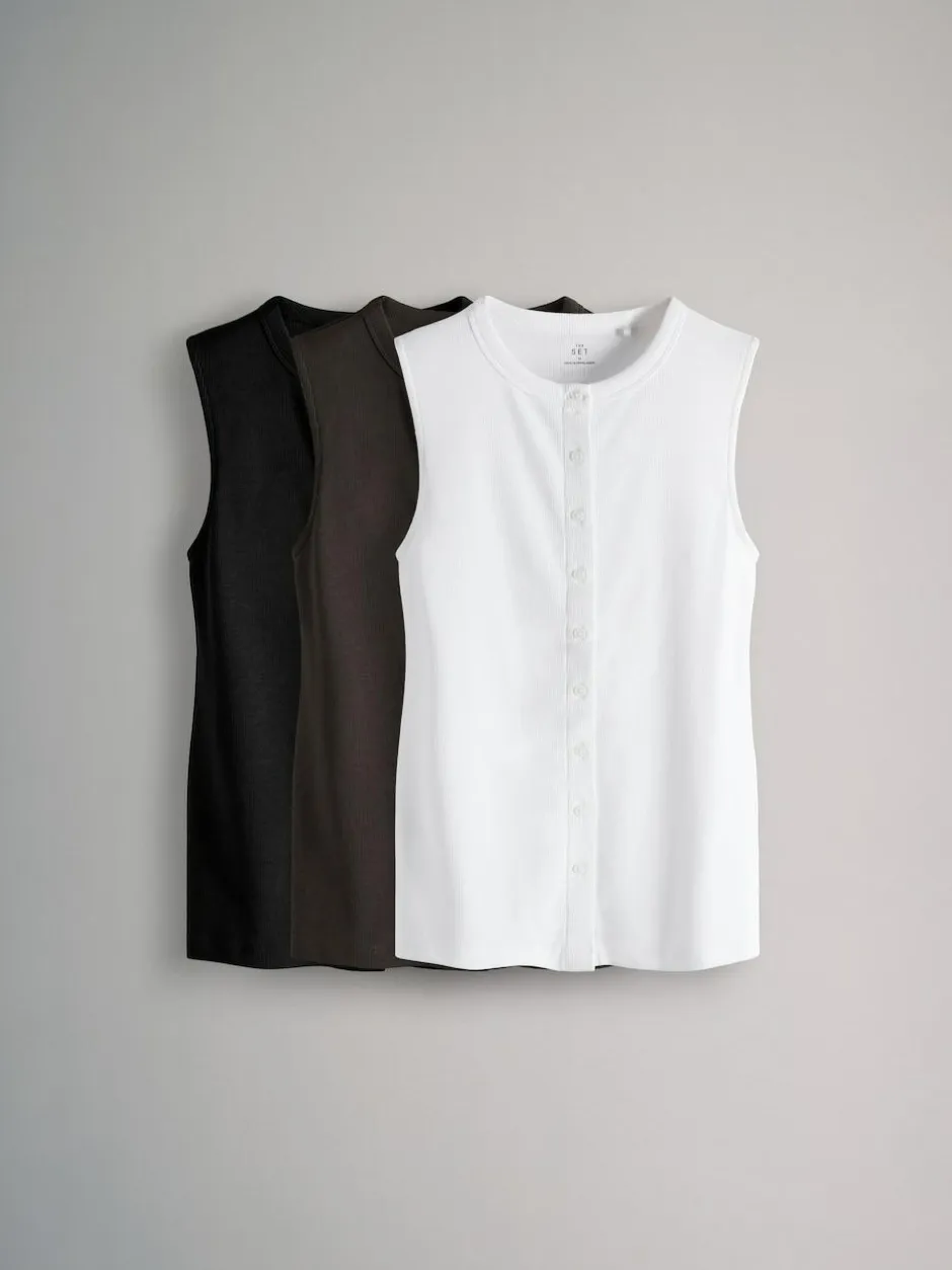 The Set 3 Pack Button Through Ribbed Vests Black/White/Chocolate Brown New
