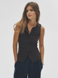 The Set 3 Pack Button Through Ribbed Vests Black/White/Chocolate Brown New