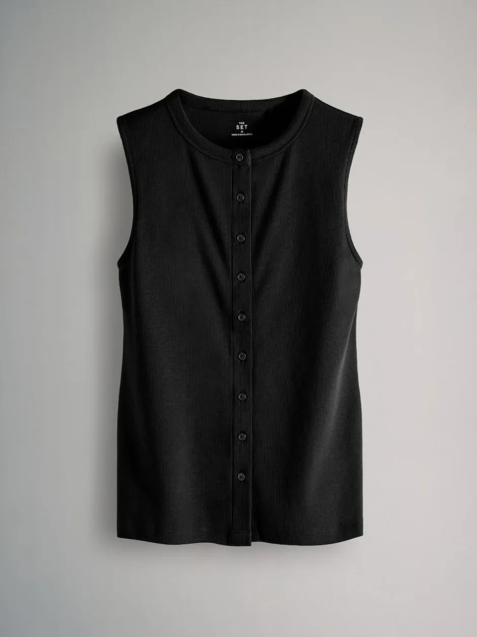 The Set 3 Pack Button Through Ribbed Vests Black/White/Chocolate Brown New