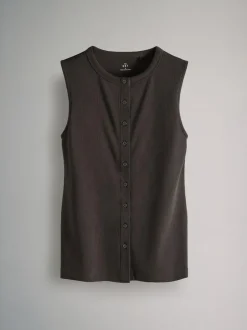 The Set 3 Pack Button Through Ribbed Vests Black/White/Chocolate Brown New