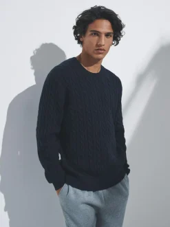 The Set 2 Pack Cable Knit Jumpers with Wool Navy Blue/Brown New