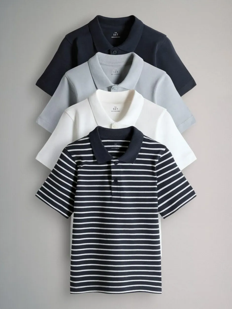 The Set 5 Pack Cotton Pique Polo Shirts Navy/Stripe/Light Blue/White New