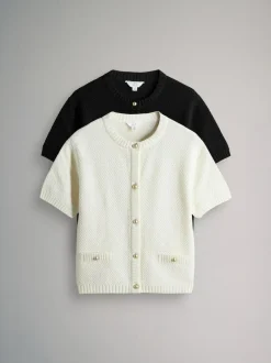 The Set 2 Pack Gold Button Knitted Short Sleeve Cardigans Cream/Black Best