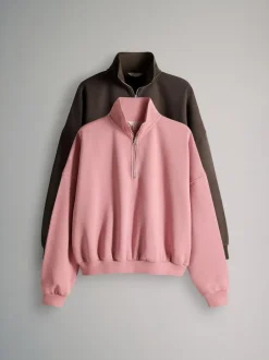 The Set 2 Pack Half Zip Funnel Neck Sweatshirts Pink/Chocolate Brown Sale