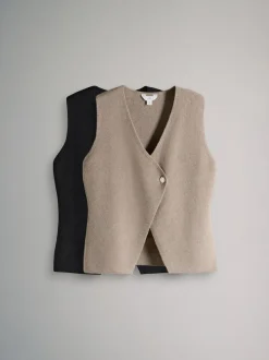 The Set 2 Pack Knitted Gold Button Ribbed Waistcoat Neutral/Black