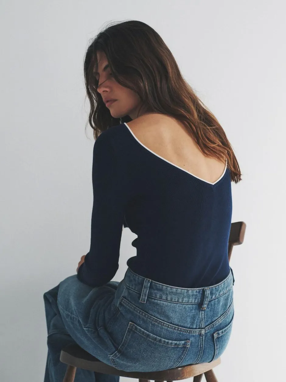 The Set 2 Pack Knitted Tipped Scoop Back Tops Ecru/Navy Blue Online