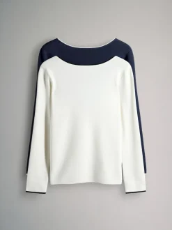 The Set 2 Pack Knitted Tipped Scoop Back Tops Ecru/Navy Blue Online