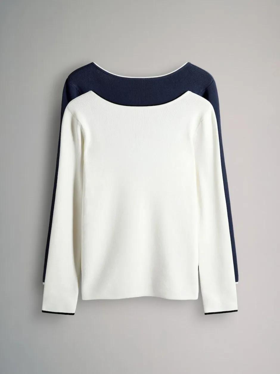 The Set 2 Pack Knitted Tipped Scoop Back Tops Ecru/Navy Blue Online