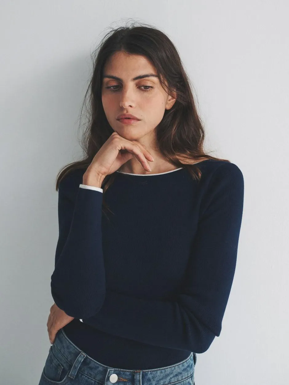 The Set 2 Pack Knitted Tipped Scoop Back Tops Ecru/Navy Blue Online