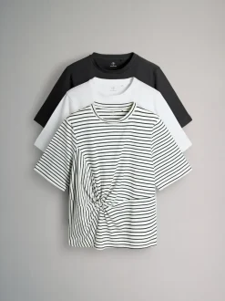 The Set 3 Pack Knot Front T-Shirts Black/White/Stripe Clearance