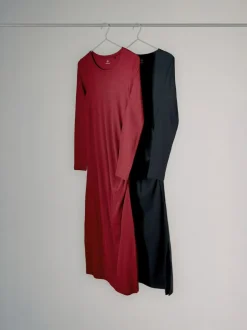 The Set 2 Pack Long Sleeve Ribbed Ruched Maxi Dresses Black/Red Best