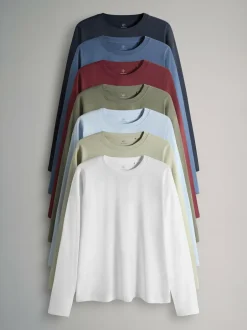 The Set 7 Pack Long Sleeve T-Shirts Navy/Blue/Red/Green/Light Blue/Stone Brown/White Hot