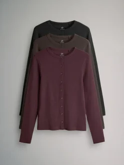 The Set 3 Pack Long Sleeve Button Through Rib T-Shirt Black/Chocolate Brown/Berry New