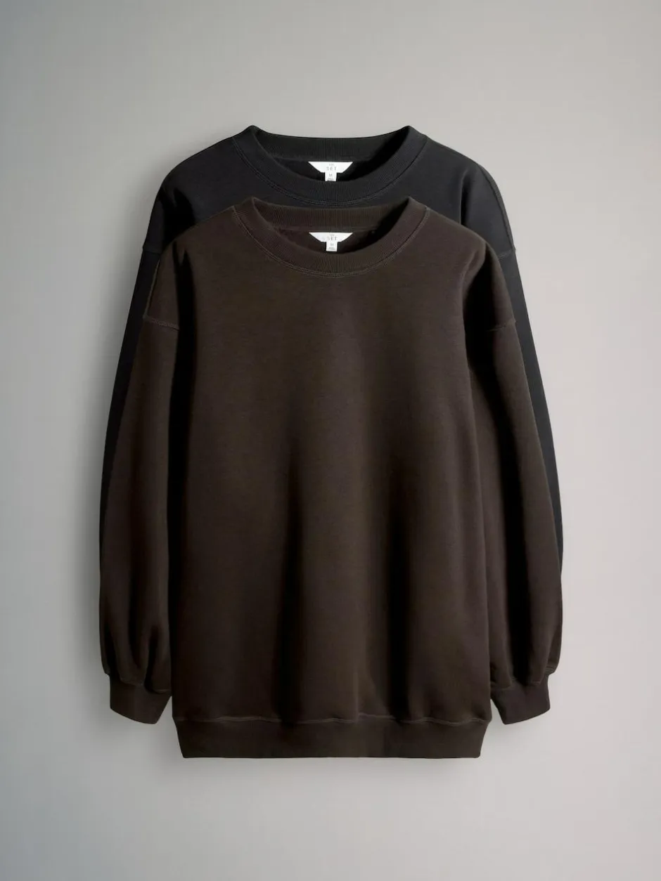 The Set 2 Pack Longline Crew Neck Sweatshirt Black/Chocolate Discount