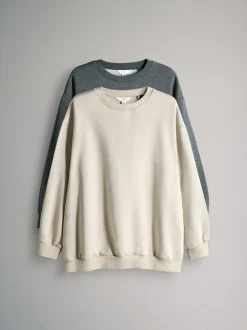 The Set 2 Pack Longline Crew Neck Sweatshirt Charcoal Marl/Cream New