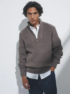 The Set 2 Pack Quarter Zip Neck Jumpers Brown/Navy Blue Sale