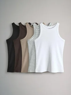 The Set 5 Pack Racer Ribbed Vests Black/Chocolate Brown/Taupe Brown/Stipe/White Outlet