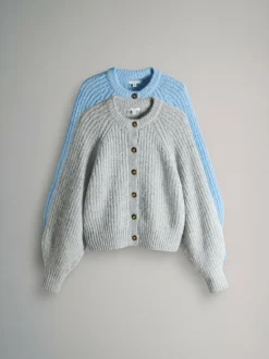 The Set 2 Pack Ribbed Chunky Knitted Cardigans Grey Marl/Light Blue Discount