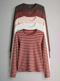 The Set 5 Pack Ribbed Long Sleeve T-Shirts Brown/Pink/White/Stripe Sale
