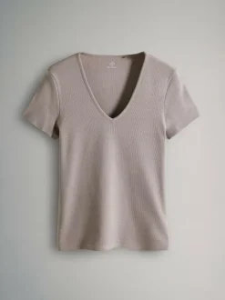 The Set 3 Pack Ribbed V-Neck Short Sleeved T-Shirts Black/White/Taupe Brown Hot