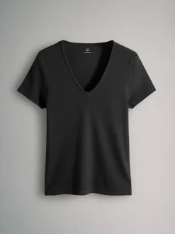 The Set 3 Pack Ribbed V-Neck Short Sleeved T-Shirts Black/White/Taupe Brown Hot