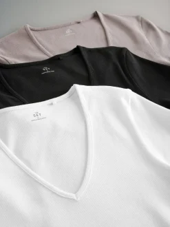The Set 3 Pack Ribbed V-Neck Short Sleeved T-Shirts Black/White/Taupe Brown Hot