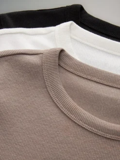 The Set 3 Pack Short Sleeve Ribbed T-Shirts Black/Taupe Brown/White New