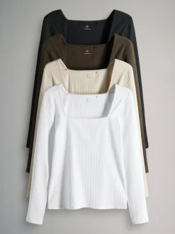 The Set 4 Pack Trim Square Neck Ribbed Tops Black/Chocolate Brown/Cream/White