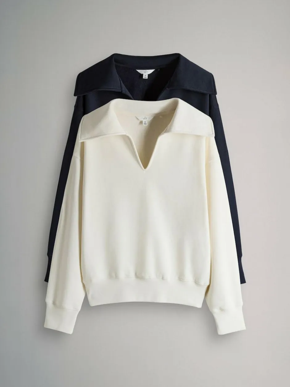 The Set 2 Pack Trophy Neck Long Sleeve Sweat Tops Navy/Cream Hot