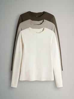 The Set 3 Pack Twist Neck Long Sleeve T-Shirts Chocolate Brown/Taupe Brown/Cream Clearance