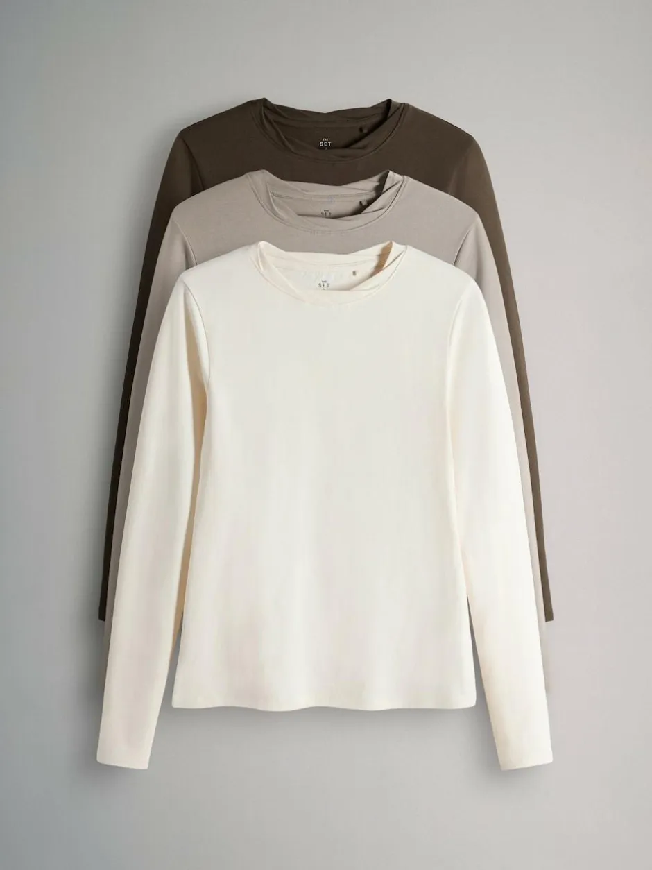 The Set 3 Pack Twist Neck Long Sleeve T-Shirts Chocolate Brown/Taupe Brown/Cream Clearance
