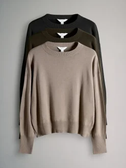 The Set Black/Brown/Neutral 3 Pack Fine Knit Crew Neck Jumpers Best