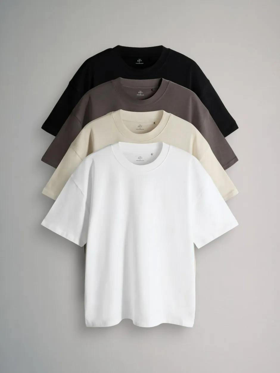 The Set Oversized Fit 4 Pack Short Sleeve Cotton T-Shirts Black Grey White Clearance