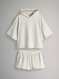The Set Soft Touch Ribbed Sweat Hoodie And Shorts Set Cream New