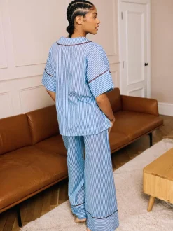 Their Nibs Blue Skinny Stripe Cotton Voile Oversized Long Pyjamas Set Sale