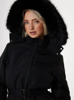 Threadbare Belted Padded Ski Jacket Black Online