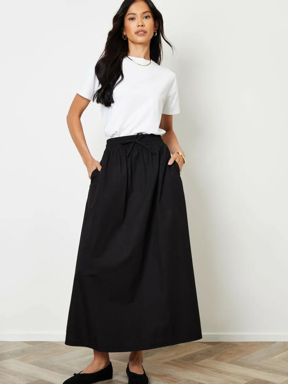 Threadbare Black Cotton Poplin Tie Waist Skirt with Pockets Discount