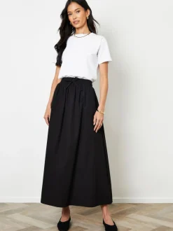 Threadbare Black Cotton Poplin Tie Waist Skirt with Pockets Discount