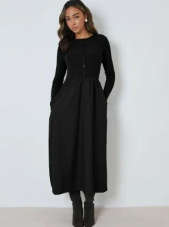 Threadbare 2-in-1 Jersey Poplin Mix Button Down Dress Black