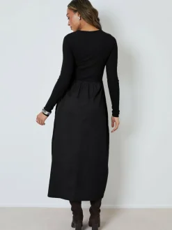 Threadbare 2-in-1 Jersey Poplin Mix Button Down Dress Black