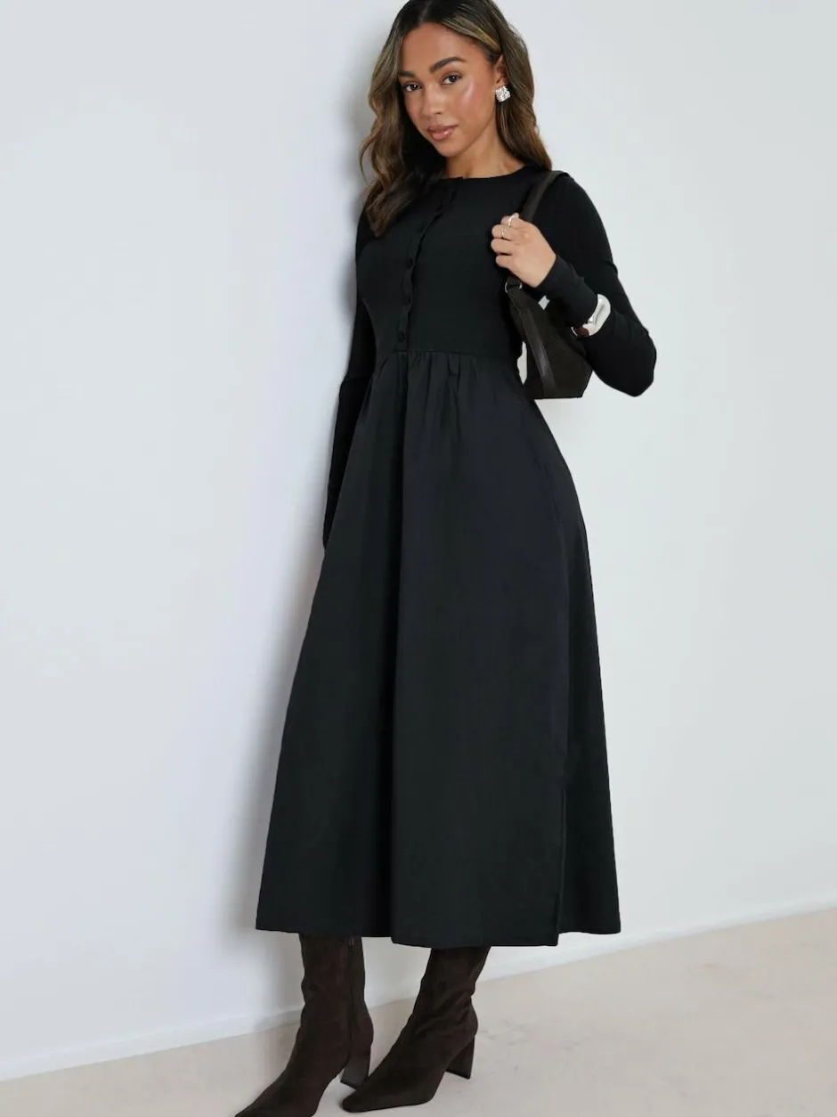 Threadbare 2-in-1 Jersey Poplin Mix Button Down Dress Black