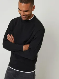 Threadbare Mock T-Shirt Textured Knit Crew Neck Jumper Black Hot