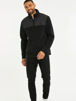 Threadbare Quarter Zip Quilted Fleece Sweatshirt Black Discount