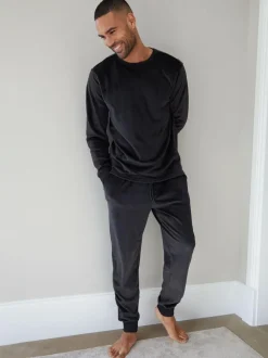 Threadbare Soft Touch Velour Loungewear Set Black New