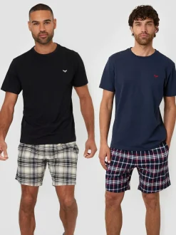 Threadbare Black Textured Check Shortie Pyjamas Set 2 Pack Hot